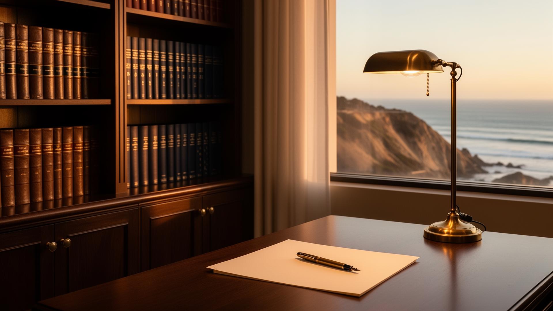A North County coastal law office at golden hour with leather-bound legal volumes and a brass desk lamp